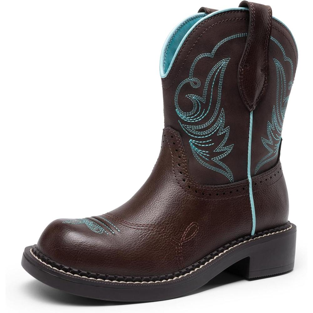 imageDREAM PAIRS Cowboy Cowgirl Boots for Women Round Toe Embroidered Mid Calf Western Boots for Work Country Concerts Rodeos Casual OutingsBrown