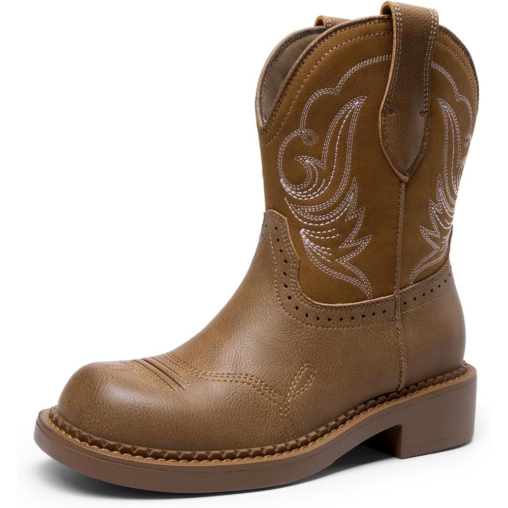 imageDREAM PAIRS Cowboy Cowgirl Boots for Women Round Toe Embroidered Mid Calf Western Boots for Work Country Concerts Rodeos Casual OutingsTan