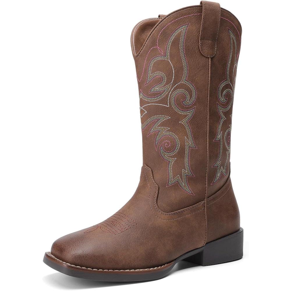 imageDREAM PAIRS Womens Cowboy Cowgirl Boots Embroidered Square Toe Mid Calf Western Boots Fashion Dress Chunky Low Heel Shoes for Theme Party Country ConcertDark Brown