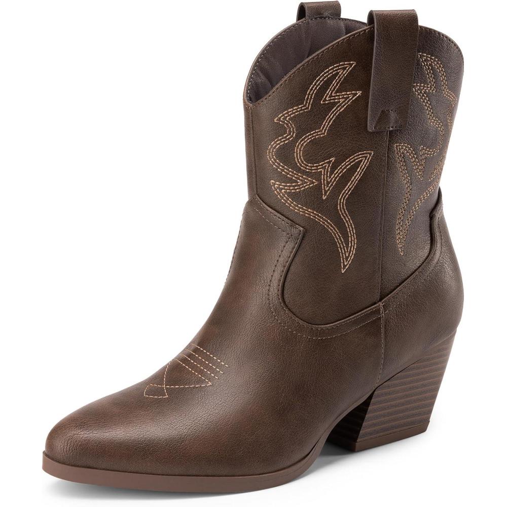 imageDREAM PAIRS Womens Cowboy Cowgirl Boots Embroidered Stitched Short Western Boots Low Chunky Heel Pointed Toe Ankle BootiesBrown