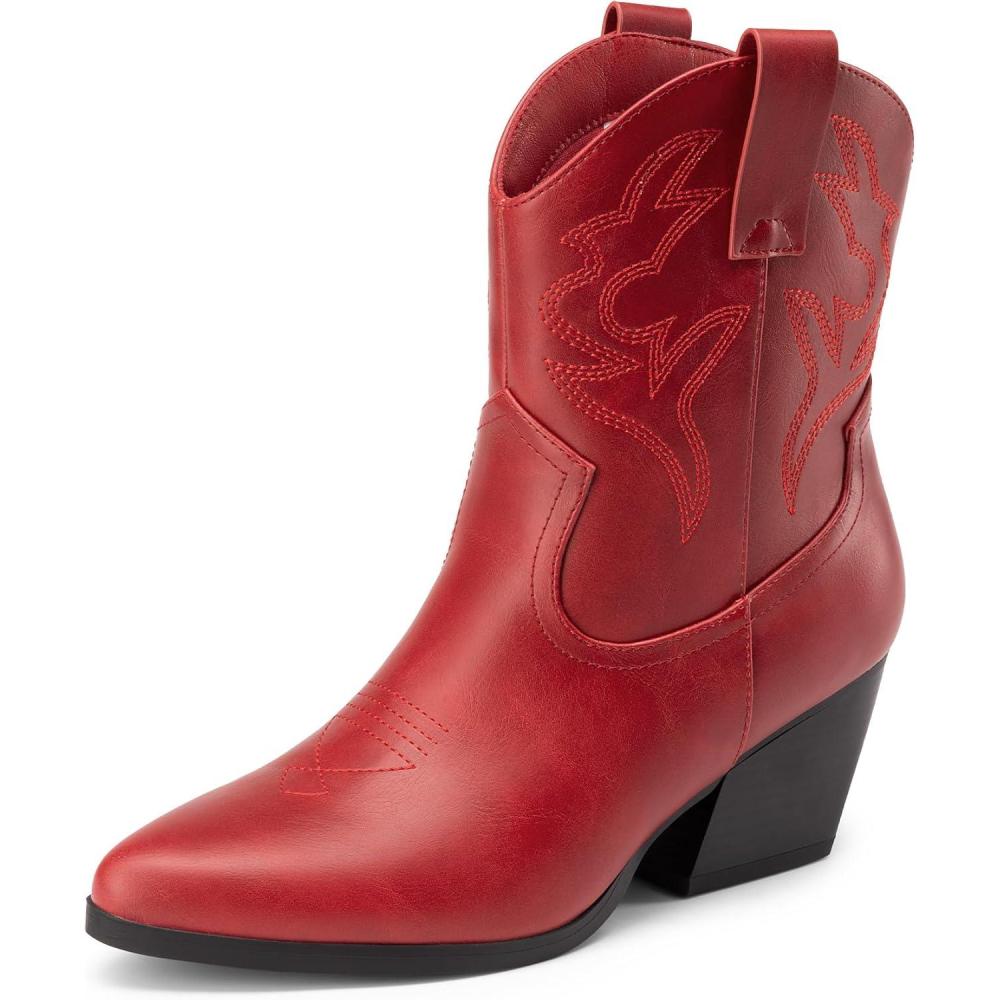 imageDREAM PAIRS Womens Cowboy Cowgirl Boots Embroidered Stitched Short Western Boots Low Chunky Heel Pointed Toe Ankle BootiesRed