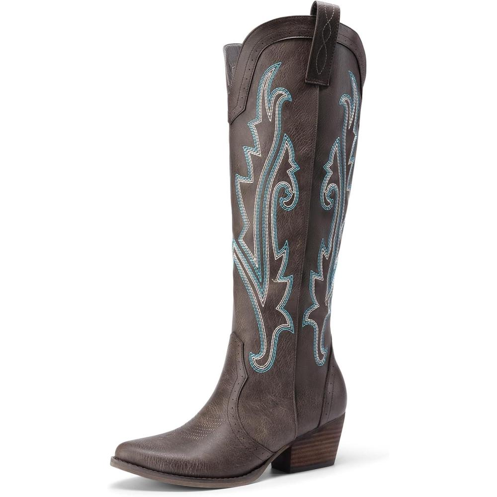 imageDREAM PAIRS Womens Cowboy Knee High Boots Comfortable Pull On Side Zipper Chunky Heel Embroidered Western Cowgirl Boots Retro Tall BootBrown