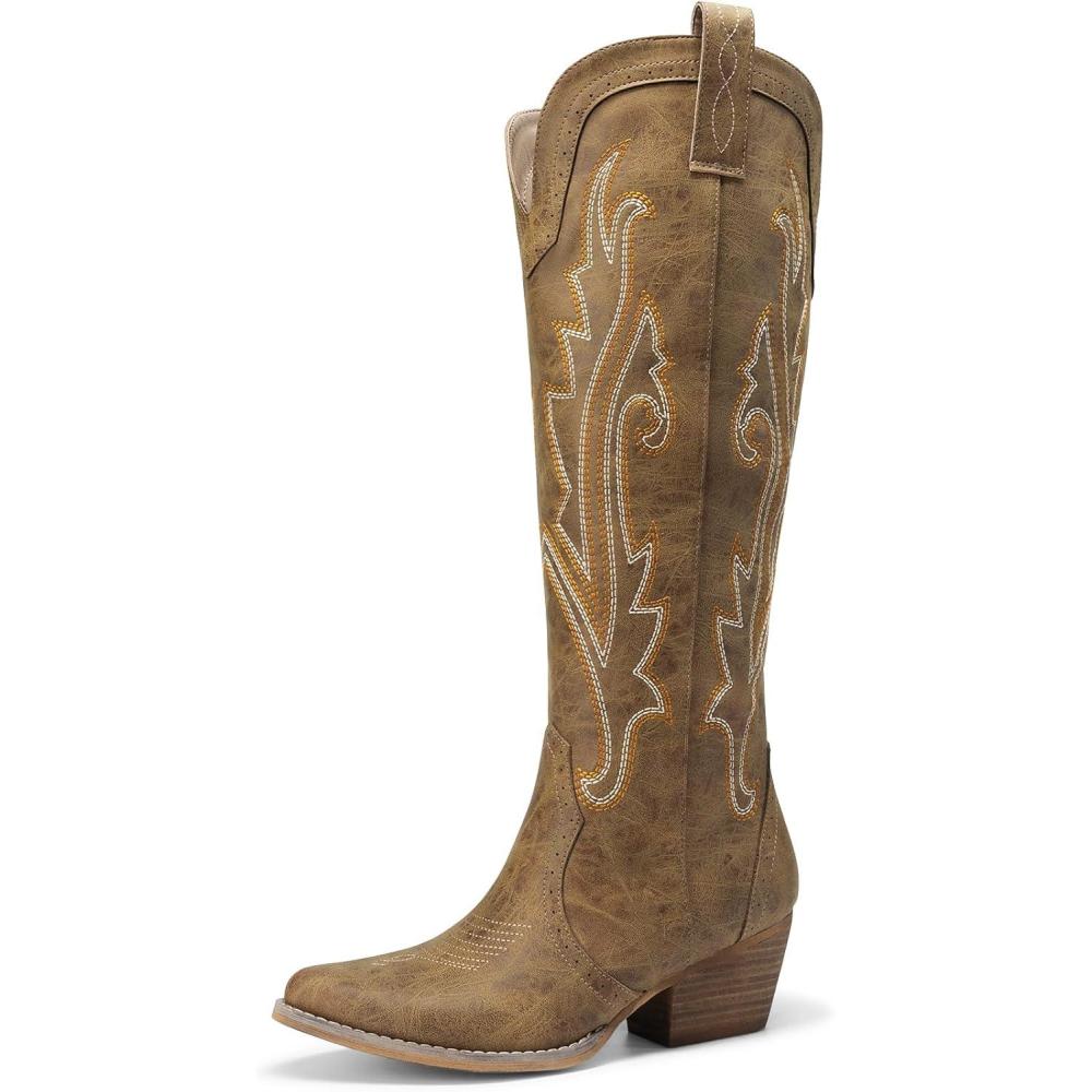 imageDREAM PAIRS Womens Cowboy Knee High Boots Comfortable Pull On Side Zipper Chunky Heel Embroidered Western Cowgirl Boots Retro Tall BootTan