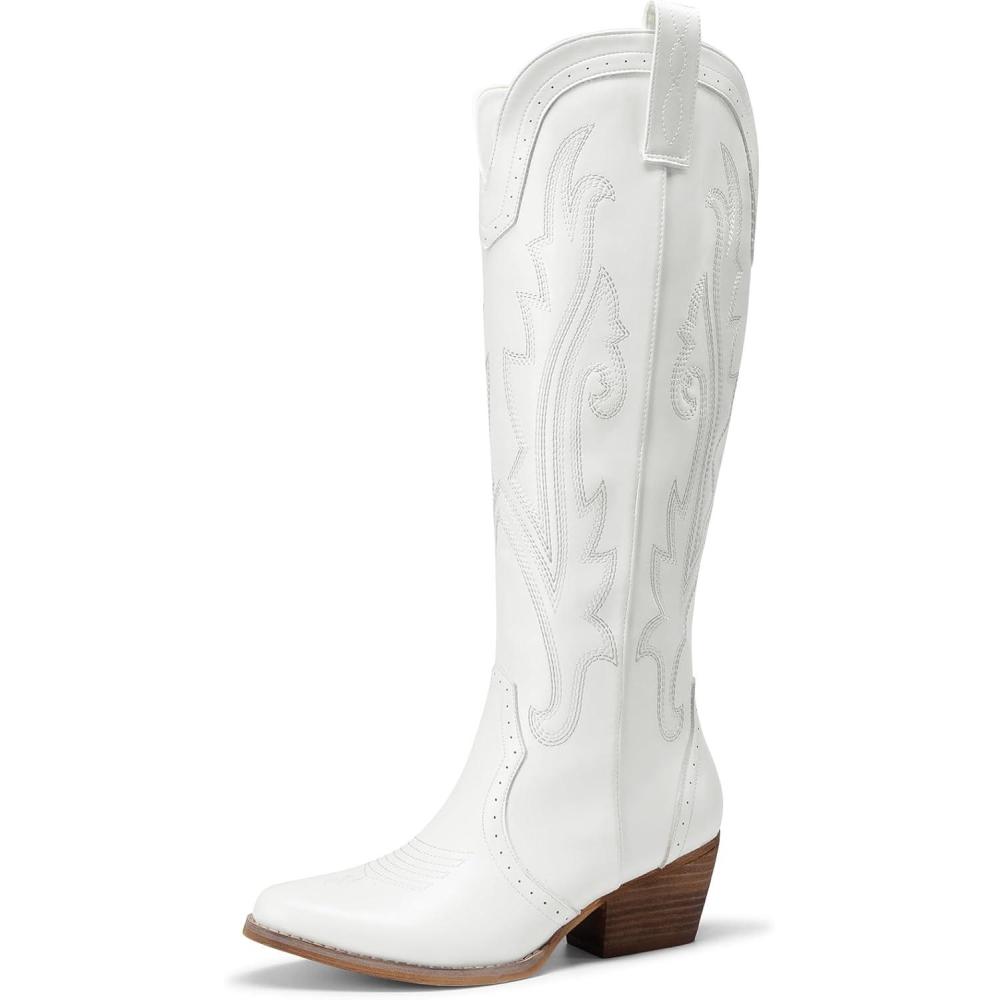 imageDREAM PAIRS Womens Cowboy Knee High Boots Comfortable Pull On Side Zipper Chunky Heel Embroidered Western Cowgirl Boots Retro Tall BootWhite