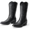 DREAM PAIRS Women’s Cowboy Boots Mid Calf Cowgirl Boots Square Toe Chunky Heel Embroidery Stitched Western Boots(All Black)