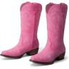 DREAM PAIRS Women’s Cowboy Boots Mid Calf Cowgirl Boots Square Toe Chunky Heel Embroidery Stitched Western Boots(Pink)