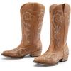 DREAM PAIRS Women’s Cowboy Boots Mid Calf Cowgirl Boots Square Toe Chunky Heel Embroidery Stitched Western Boots(Tan)