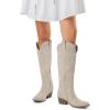 DREAM PAIRS Womens Cowboy Knee High Boots Comfortable Pull On Side Zipper Chunky Heel Embroidered Western Cowgirl Boots Retro Tall Boot(Beige)
