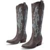DREAM PAIRS Womens Cowboy Knee High Boots Comfortable Pull On Side Zipper Chunky Heel Embroidered Western Cowgirl Boots Retro Tall Boot(Brown)