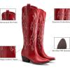 DREAM PAIRS Womens Cowboy Knee High Boots Comfortable Pull On Side Zipper Chunky Heel Embroidered Western Cowgirl Boots Retro Tall Boot(Red)
