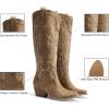 DREAM PAIRS Womens Cowboy Knee High Boots Comfortable Pull On Side Zipper Chunky Heel Embroidered Western Cowgirl Boots Retro Tall Boot(Tan)