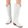 DREAM PAIRS Womens Cowboy Knee High Boots Comfortable Pull On Side Zipper Chunky Heel Embroidered Western Cowgirl Boots Retro Tall Boot(White)