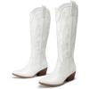 DREAM PAIRS Womens Cowboy Knee High Boots Comfortable Pull On Side Zipper Chunky Heel Embroidered Western Cowgirl Boots Retro Tall Boot(White)