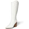 DREAM PAIRS Cowboy Boots For Women, Comfortable Pull On Zipper Chunky Heel Pointed Toe Embroidered Western Cowgirl Knee High Boots(White)