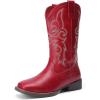 DREAM PAIRS Women’s Cowboy Cowgirl Boots Embroidered Square Toe Mid Calf Western Boots Fashion Dress Chunky Low Heel Shoes for Theme Party Country Concert(Red)