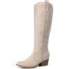 DREAM PAIRS Womens Cowboy Knee High Boots Comfortable Pull On Side Zipper Chunky Heel Embroidered Western Cowgirl Boots Retro Tall Boot(Beige)