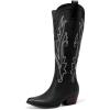 DREAM PAIRS Womens Cowboy Knee High Boots Comfortable Pull On Side Zipper Chunky Heel Embroidered Western Cowgirl Boots Retro Tall Boot(Black)