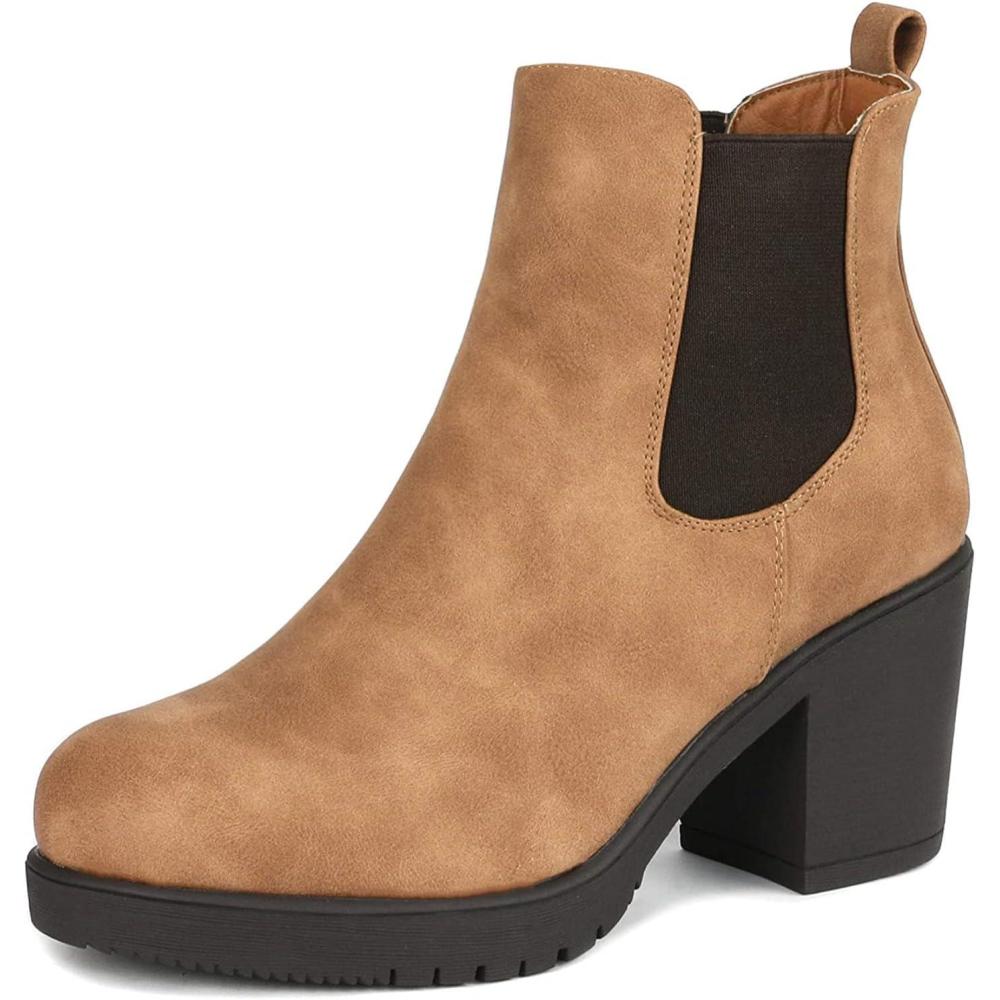 imageDREAM PAIRS Womens High Chunky Heel Chelsea Ankle Boots Slip On Elastic Fall Heeled Booties ShoesCamelPu