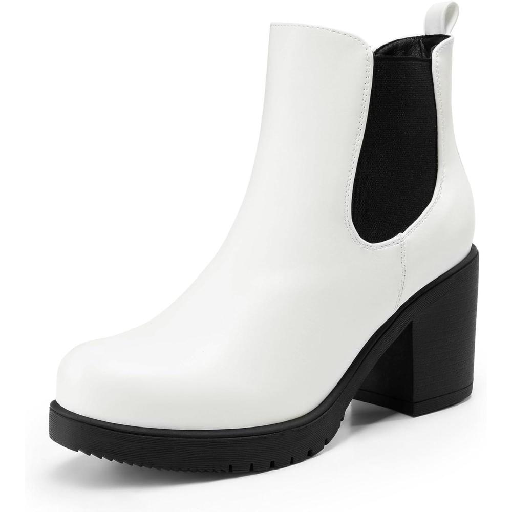 imageDREAM PAIRS Womens High Chunky Heel Chelsea Ankle Boots Slip On Elastic Fall Heeled Booties ShoesWhiteBlack