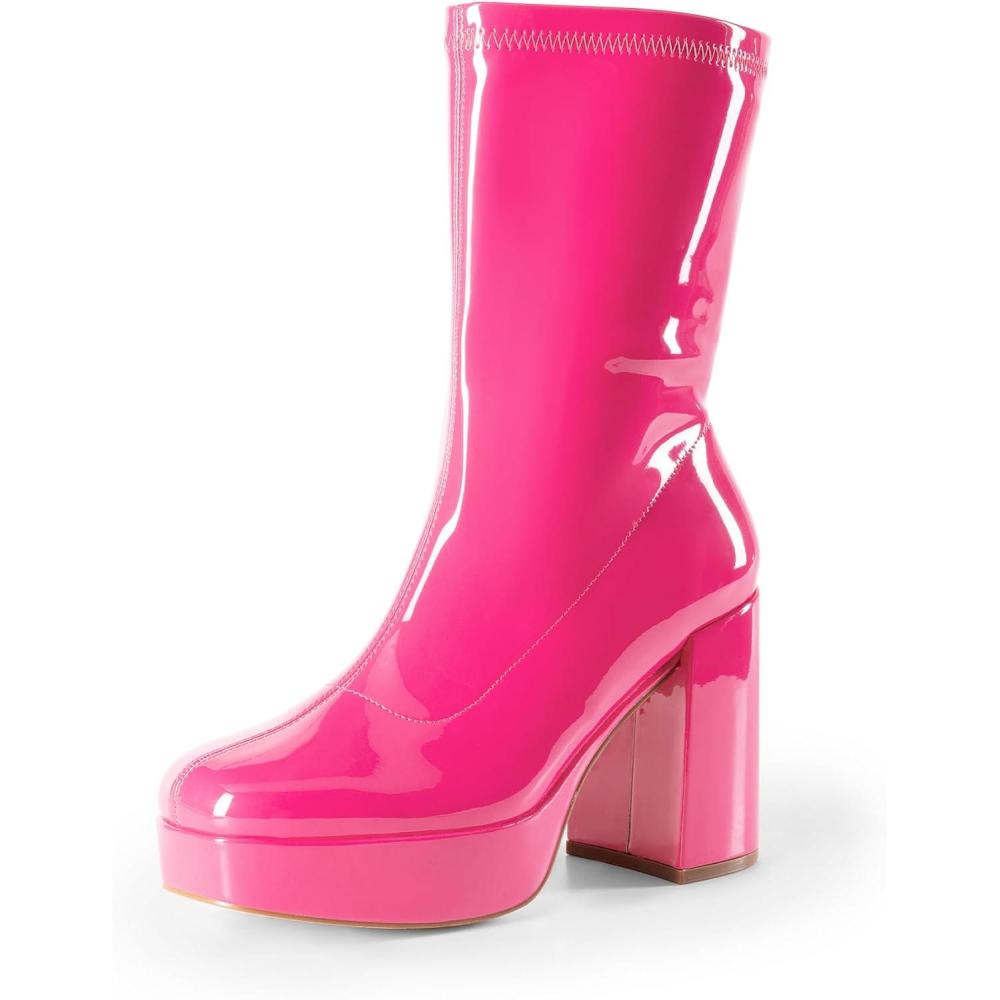 imageDREAM PAIRS Womens Mid Calf Gogo Boots Platform High Chunky Block Heel Square Toe Ankle BootsHot Pinkpat