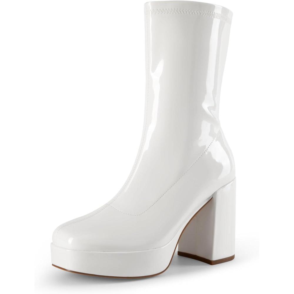 imageDREAM PAIRS Womens Mid Calf Gogo Boots Platform High Chunky Block Heel Square Toe Ankle BootsWhitepat