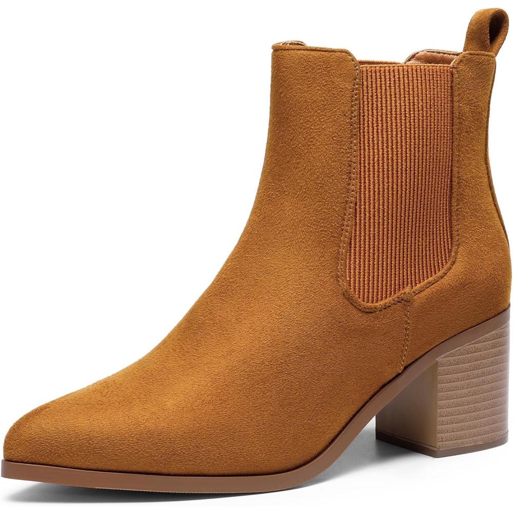 imageDREAM PAIRS Womens Retro Elastic Chelsea Ankle Boots Fashion Low Chunky Block Heel Pointed Toe Fall Heeled Booties ShoesTansuede