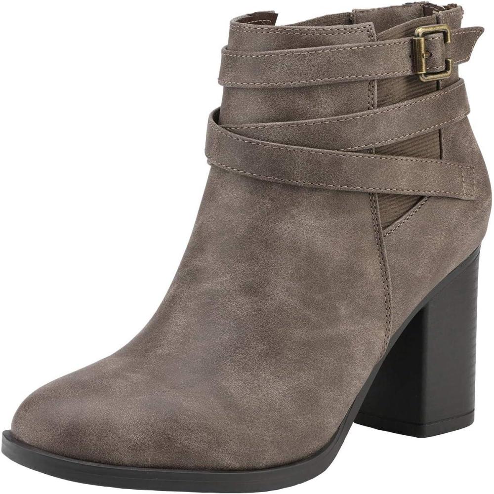 imageTOETOS Womens Chunky High Heel Ankle Boots Close Toe Fall Heeled Booties ShoesTaupe