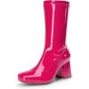 DREAM PAIRS Women’s Mid Calf Gogo Boots Low Block Heel Square Toe Ankle Boot with Zipper for Party Cosplay Dance(Hot Pink)