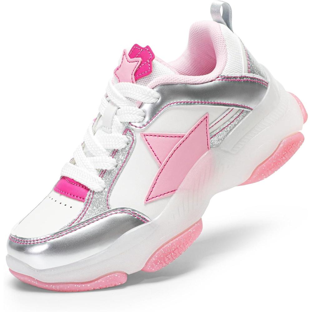 imageDREAM PAIRS Girls Sneakers Lace up Lightweight Sparkle StarGlow Breathable Jelly Sole Kids Walking Shoes Casual SportsPinkSilver