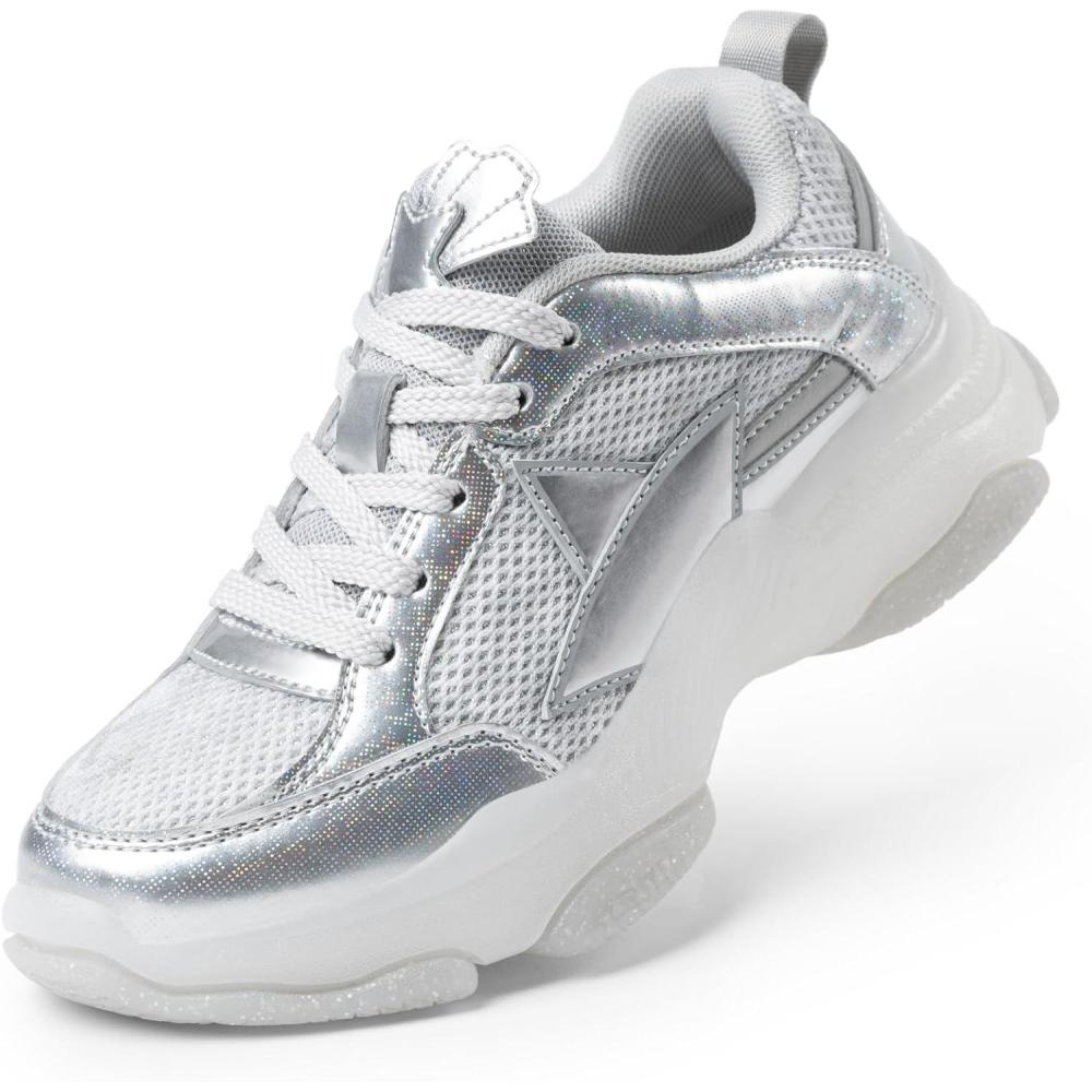imageDREAM PAIRS Girls Sneakers Lace up Lightweight Sparkle StarGlow Breathable Jelly Sole Kids Walking Shoes Casual SportsSilver