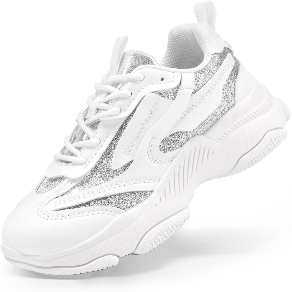 imageDREAM PAIRS Kids Girls Sneakers Jelly Sole Lace up Shoes Lightweight Walking Shoes for Girls BoysWhiteSilver