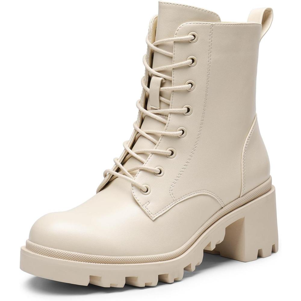 imageDREAM PAIRS Womens Lace Up Combat Ankle Boots Fashion Low Chunky Heel Lug Sole Fall Heeled Booties ShoesBeige