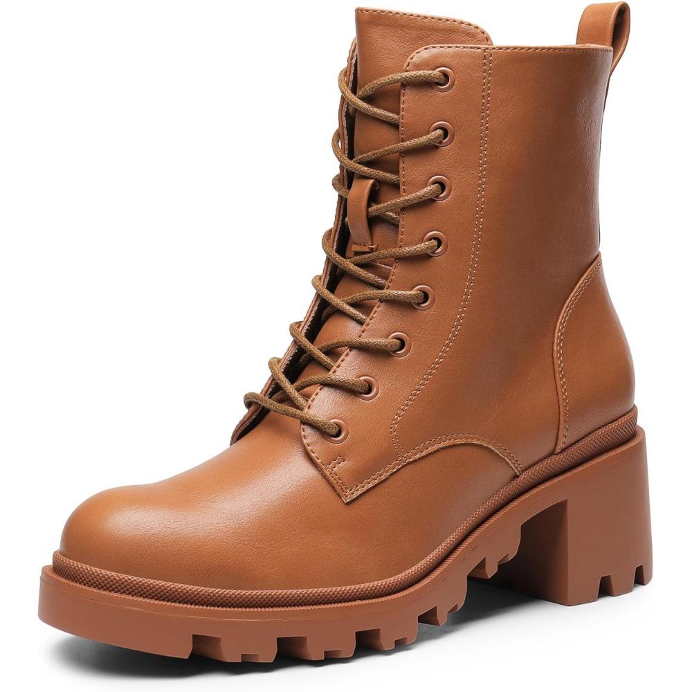 imageDREAM PAIRS Womens Lace Up Combat Ankle Boots Fashion Low Chunky Heel Lug Sole Fall Heeled Booties ShoesBrown