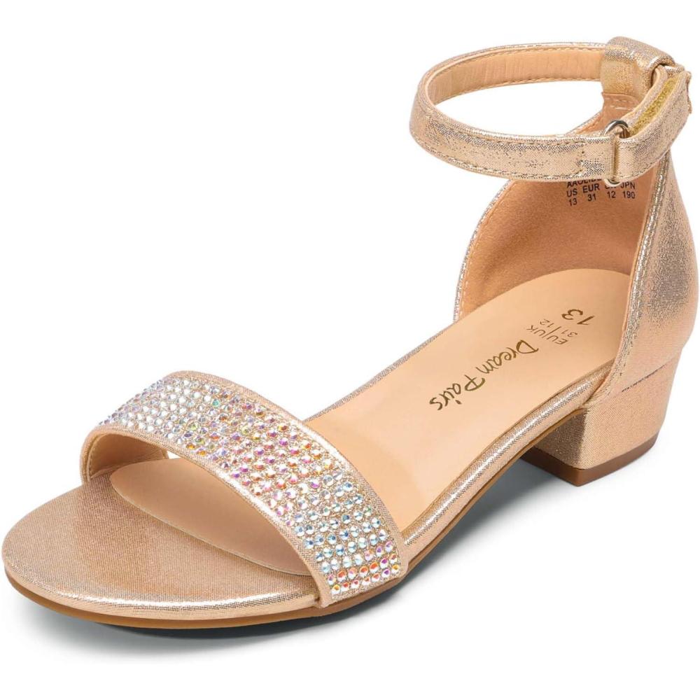 imageDREAM PAIRS Girls Sandals Low Heel Dress Pump Ankle Strap Interchangeable Bow Flower Wedding Party Shoes for Little KidBig KidGold