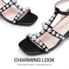 DREAM PAIRS Girls Sandals Ankle Strap T-Strap Low Heel Pearl Flower Pump Dress Wedding Party Square Toe Shoes for Little Kid/Big Kid(Black)