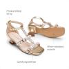 DREAM PAIRS Girls Sandals Ankle Strap T-Strap Low Heel Pearl Flower Pump Dress Wedding Party Square Toe Shoes for Little Kid/Big Kid(Gold)