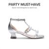 DREAM PAIRS Girls Sandals Ankle Strap T-Strap Low Heel Pearl Flower Pump Dress Wedding Party Square Toe Shoes for Little Kid/Big Kid(Silver)