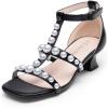 DREAM PAIRS Girls Sandals Ankle Strap T-Strap Low Heel Pearl Flower Pump Dress Wedding Party Square Toe Shoes for Little Kid/Big Kid(Black)