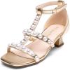 DREAM PAIRS Girls Sandals Ankle Strap T-Strap Low Heel Pearl Flower Pump Dress Wedding Party Square Toe Shoes for Little Kid/Big Kid(Gold)