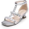 DREAM PAIRS Girls Sandals Ankle Strap T-Strap Low Heel Pearl Flower Pump Dress Wedding Party Square Toe Shoes for Little Kid/Big Kid(Silver)