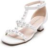 DREAM PAIRS Girls Sandals Ankle Strap T-Strap Low Heel Pearl Flower Pump Dress Wedding Party Square Toe Shoes for Little Kid/Big Kid(White)