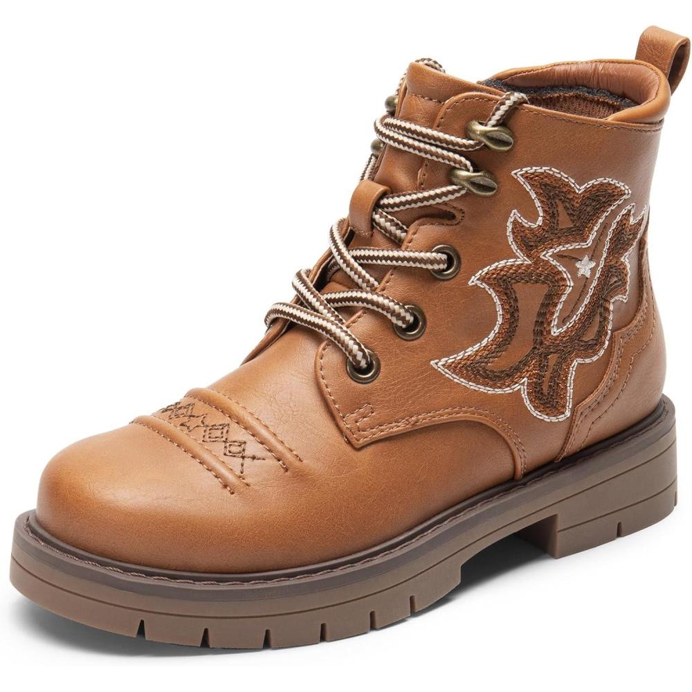 imageDREAM PAIRS Boys Girls Combat Ankle Boots Cowboy Cowgirl Western Embroidered Side Zipper Booties ToddlerLittle KidBig KidBrown