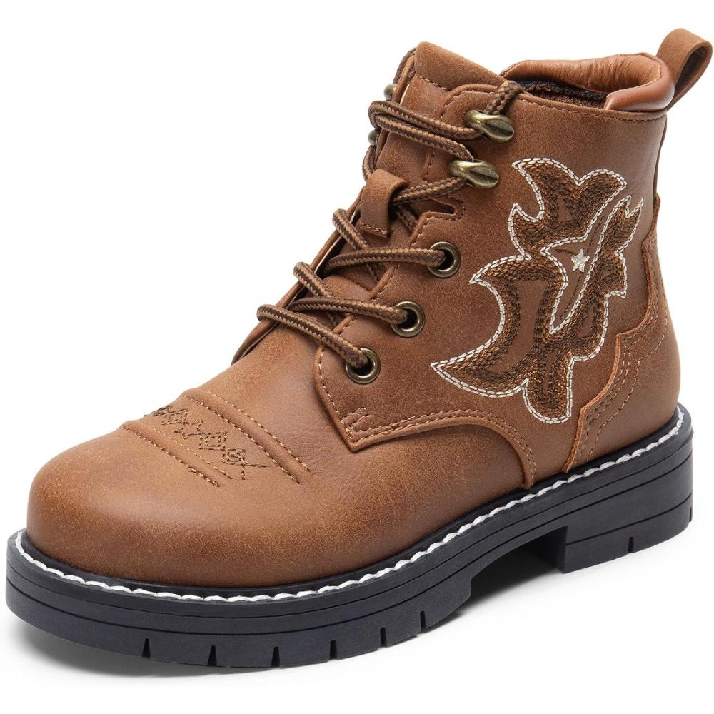 imageDREAM PAIRS Boys Girls Combat Ankle Boots Cowboy Cowgirl Western Embroidered Side Zipper Booties ToddlerLittle KidBig KidDark Brown