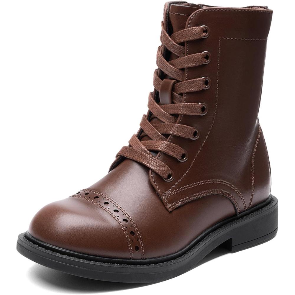 imageDREAM PAIRS Girls Boys Combat Ankle Boots Side Zipper Shoes with Lace Up for ToddlerLittle KidBig KidBrown