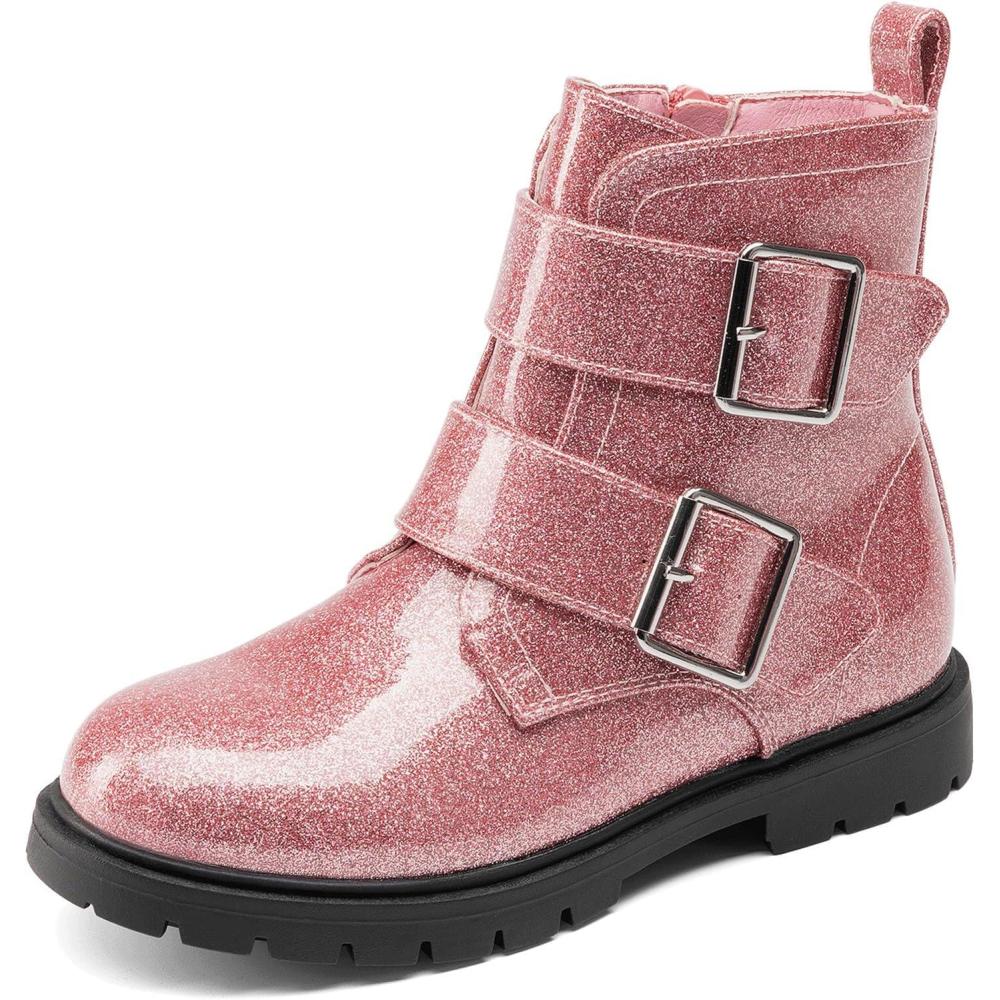 imageDREAM PAIRS Girls Boys Glitter Ankle Boots Side Zipper Combat Shoes with Buckles ToddlerLittle KidBig KidPink