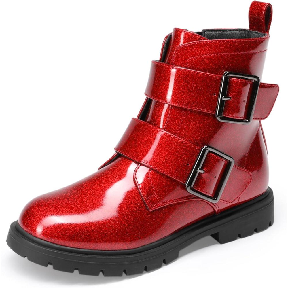 imageDREAM PAIRS Girls Boys Glitter Ankle Boots Side Zipper Combat Shoes with Buckles ToddlerLittle KidBig KidRed