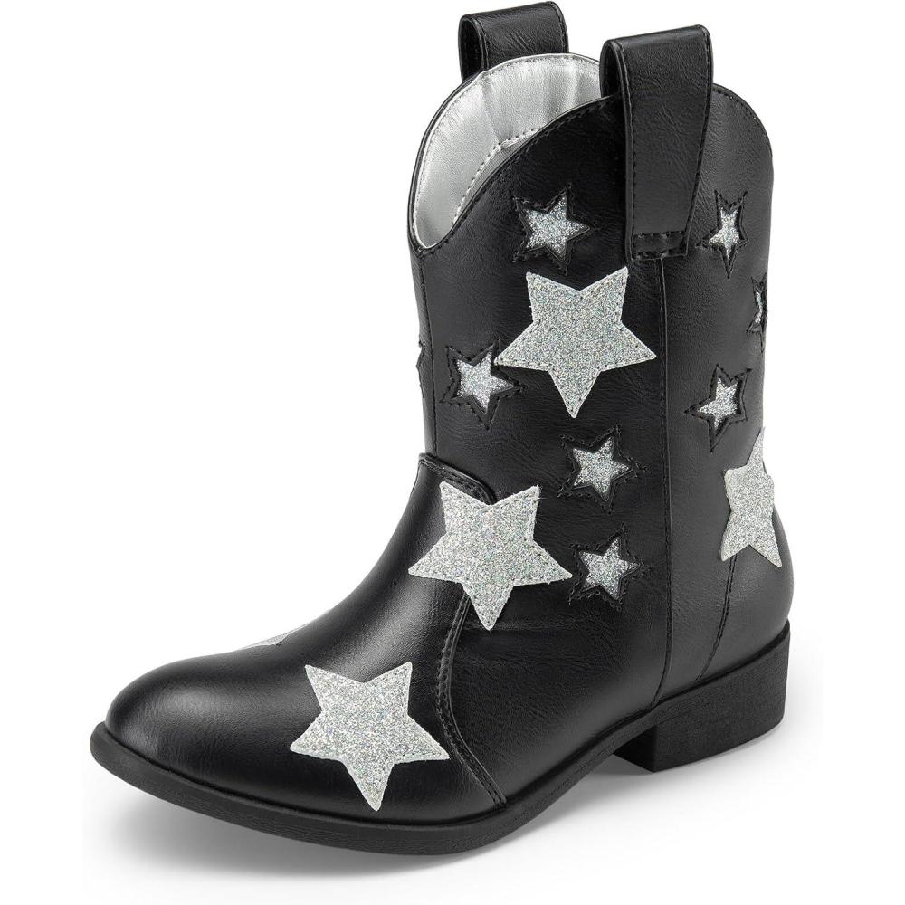 imageDREAM PAIRS Girls Cowgirl Boots Mid Calf Glitter Cowboy Western Boots Toddler Girls Star Riding ShoesBlack