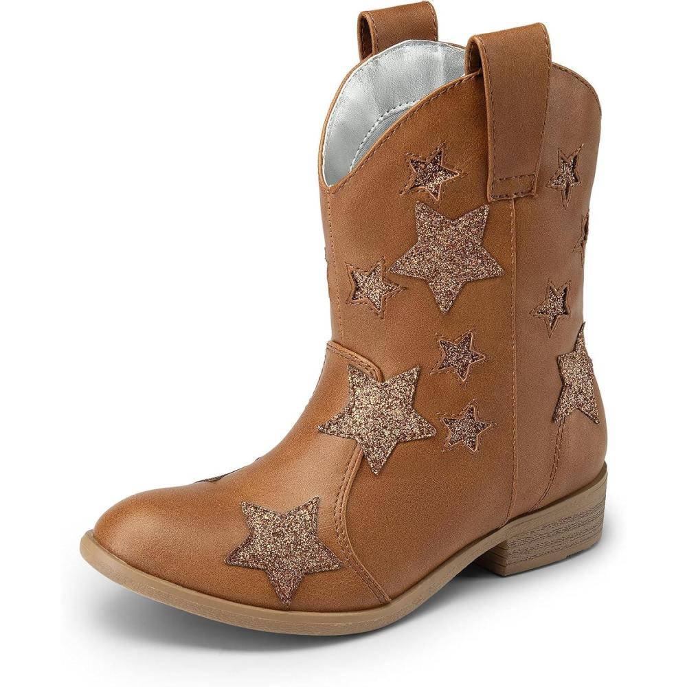 imageDREAM PAIRS Girls Cowgirl Boots Mid Calf Glitter Cowboy Western Boots Toddler Girls Star Riding ShoesCamel