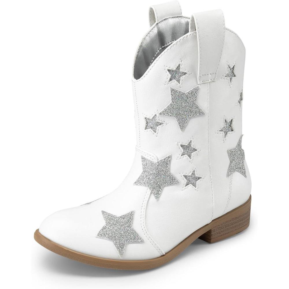 imageDREAM PAIRS Girls Cowgirl Boots Mid Calf Glitter Cowboy Western Boots Toddler Girls Star Riding ShoesWhite