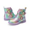 DREAM PAIRS Girls Boys Glitter Ankle Boots Side Zipper Combat Shoes with Buckles Toddler/Little Kid/Big Kid(Rainbow)